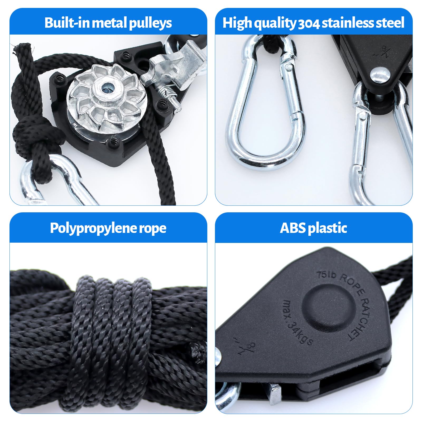 Corde A Cliquet Lot De 4 Cordes à Cliquet Avec Crochet, Poulie Réglable De 4 M, Idéales Tendeur Voile Ombrage