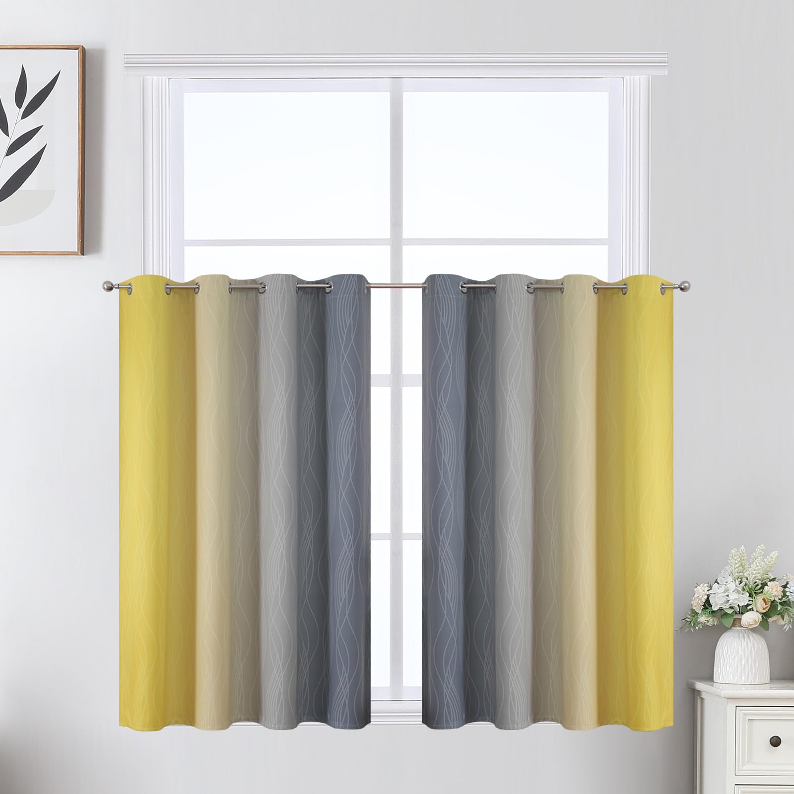 Estelar Textiler Grey and Yellow Ombre Short Blackout Curtains 36 Inch Long, Thermal Insulated Grommet Small Half Window Drapes for Cafe/Basement/RV Camper/Kitchen, 52Wx36L, 2 Panels