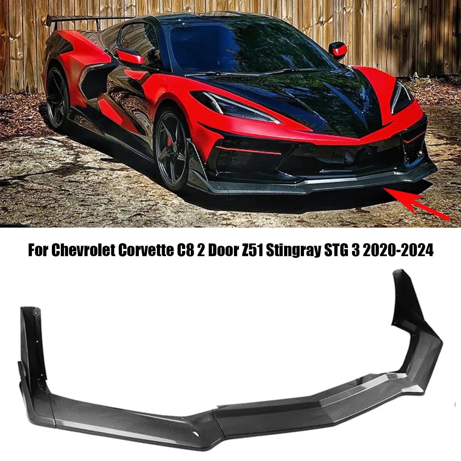Uniwersalny spoiler Do Corvette C8 2 Door Z51 Stingray STG 3 | 2020-2024 Glossy Black Carbon Look Przedni Dokładka przedniego zderzaka