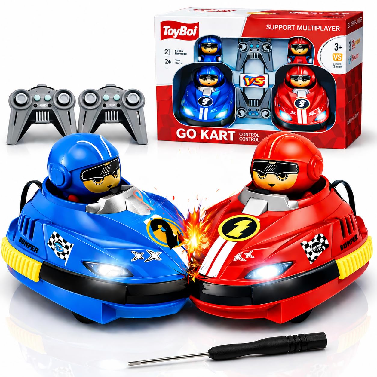 RC Go Kart Bumper Car Battle Set for Kids, 2 Player Dashing Car – Remote Control Toy, Multiplayer RC Battle Cars with 360° Stunts, Lights & Music, Rechargeable 2.4GHz Racing Toy, Red & Blue-image-6
