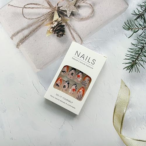 Miniatura 5 de Uñas postizas a presión de Halloween, uñas postizas cortas de almendra, uñas postizas de punta francesa con diseños de araña fantasma, uñas