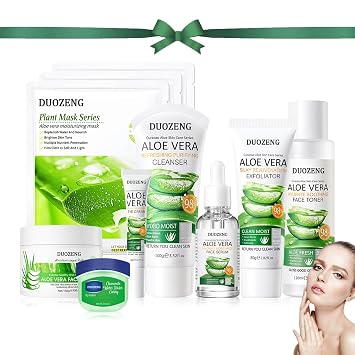 Skin Care Kit,Skincare Gift Set with Facial Cleanser,Toner,Serum,Eye Cream, Face Cream,Exfoliating Gel,Sleeping Lip Mask & 3 Pcs Aloe Vera Mask Kit for Women10 Count