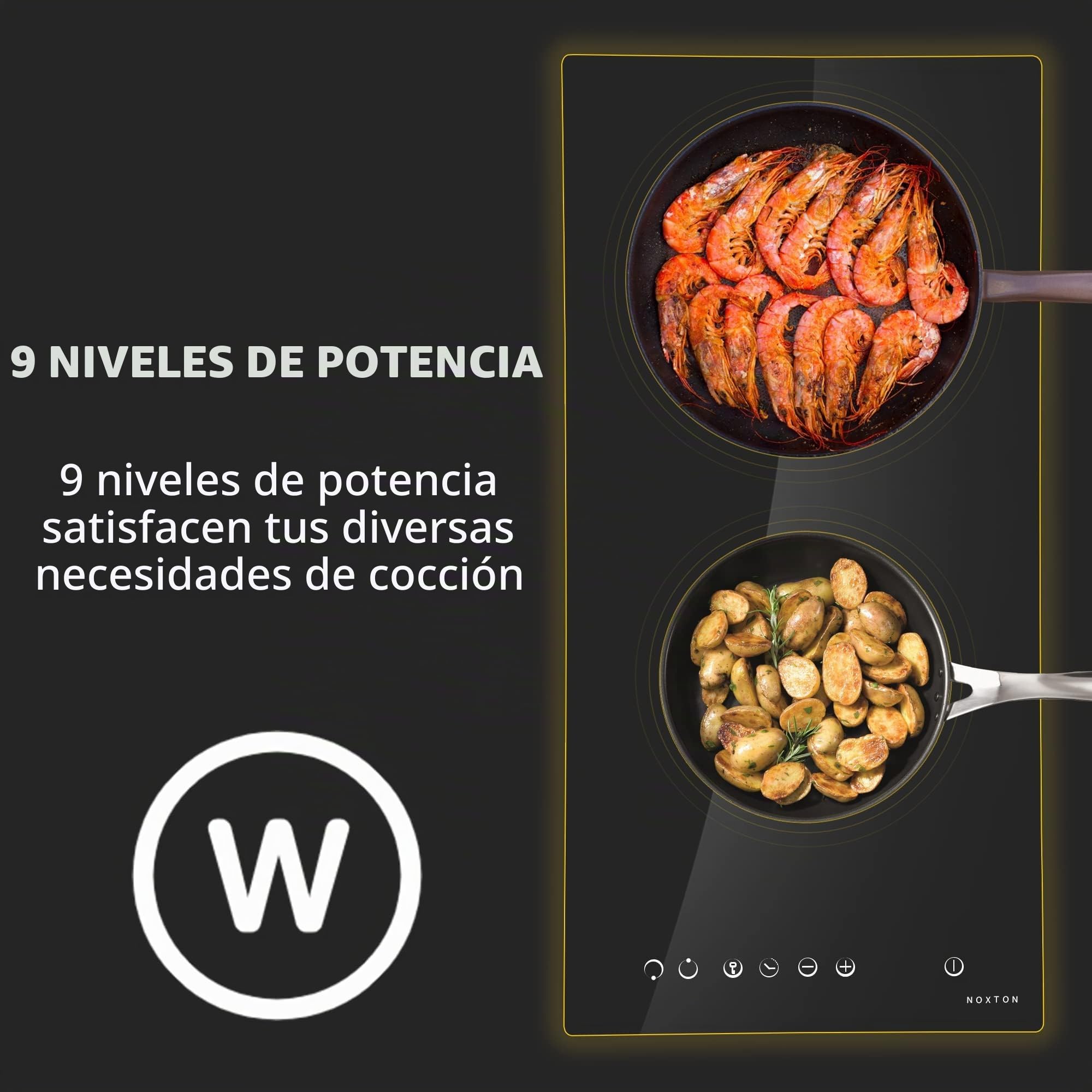 NOXTON Placa vitroceramica 4 Fuegos 60cm, Incorporado, Control deslizante, 9 niveles de potencia, Bloqueo para niños, Indicador de calor residual, Vitrocerámica negra