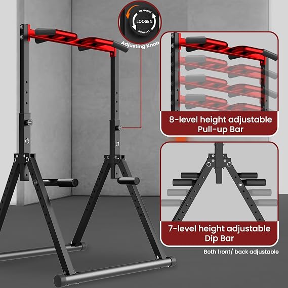WATBKHE Power Tower Pull Up Dip Station Foldable, Pull Up Bar Station Adjustable, Multi-Function Home Gym, Strength Training Fitness Equipment