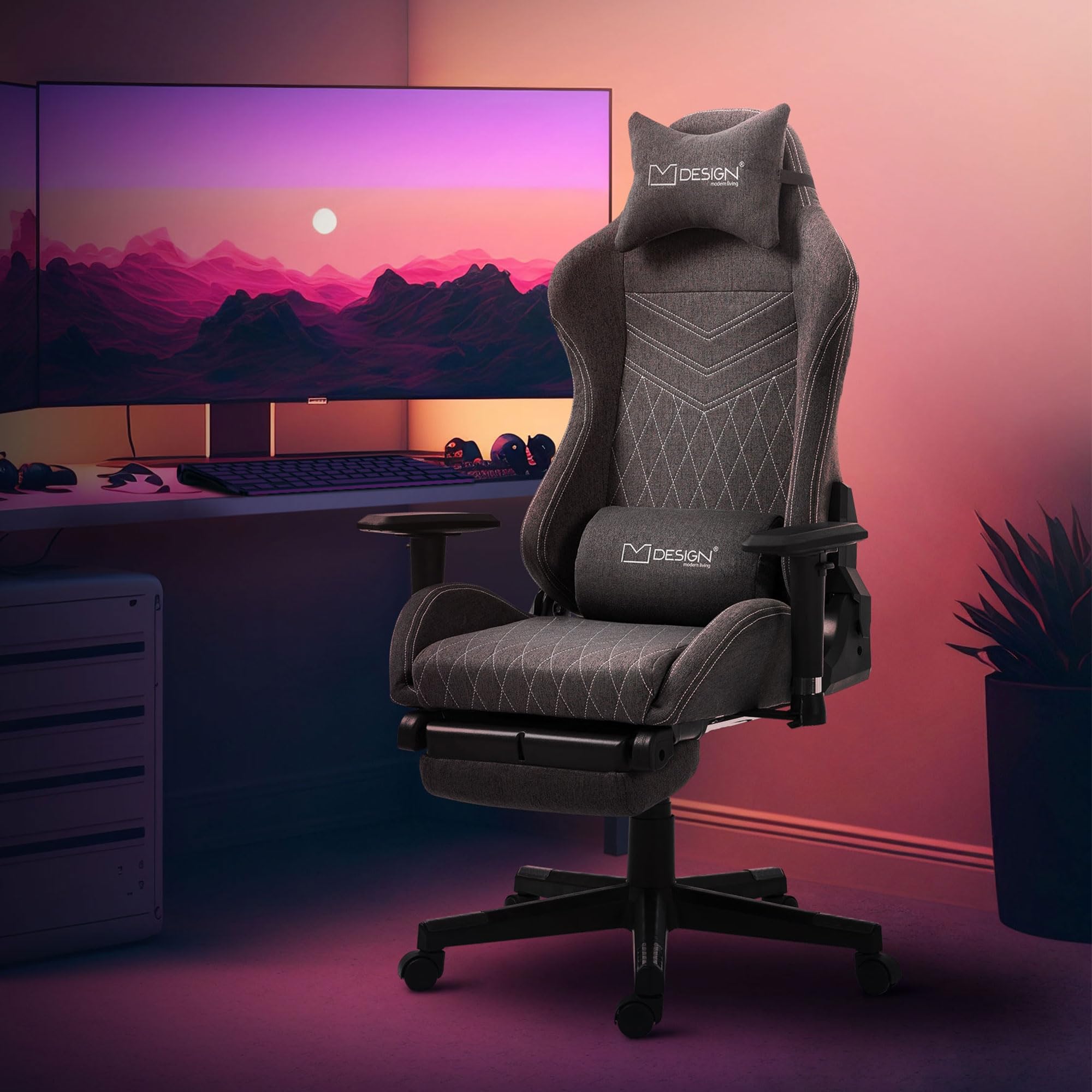 ML-Design Silla Gaming de Tela Gris con Costuras Blancas Silla Ergonómica de Oficina Giratoria Ajustable Asiento Racing Gamer con Reposabrazos, Reposacabezas, Cojín Lumbar y Reposapiés para Escritorio