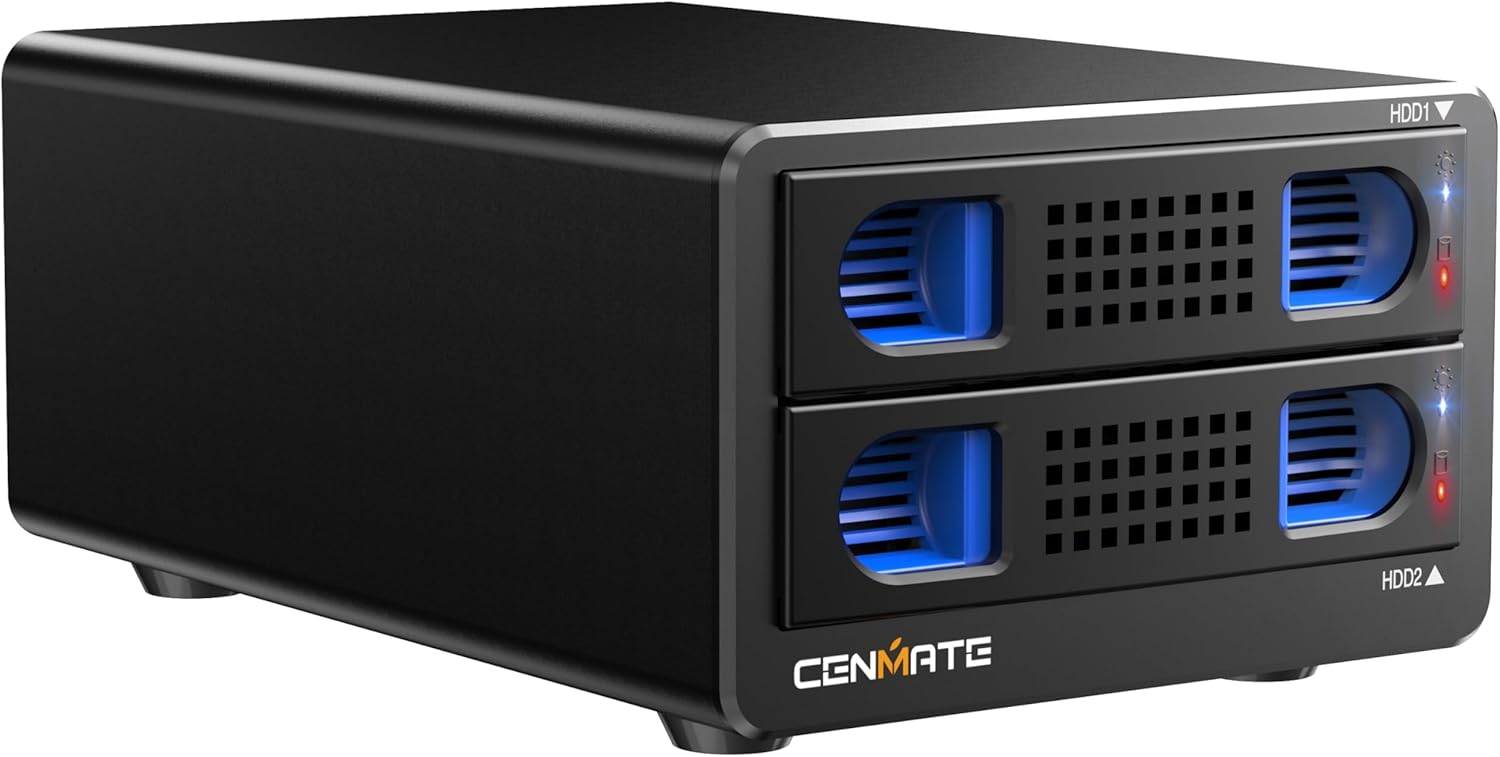 CENMATE Aluminum 2 Bay 10Gbps Hard Drive Enclosure with Cooling Fan for 2.5“/3.5" SATA HDD/SSD with USB A/C 3.2 Gen 2, Support Hot Swappable, Tool-Free HDD Enclosure, DAS(NO RAID/NAS)