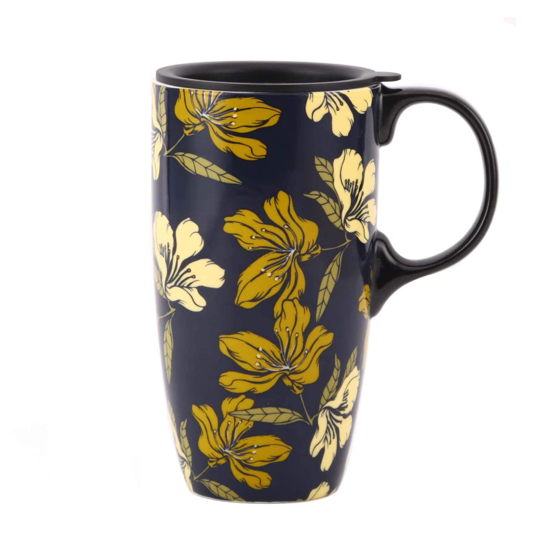 Topadorn Ceramic Coffee Mug Travel Cup Gift with Lid 17oz., Porcelain Tall Tea Cup with Handle for Home & Office, Yellow Floral Art Pattern Gift Mug, 6.5''H
