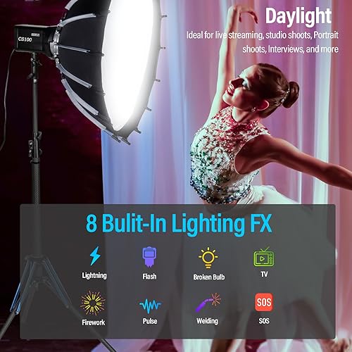 Miniatura 3 de SIRUI Luz de video LED CS100 de 100 W, iluminación continua de luz diurna portátil, CRI 96 de 5600K, TLCI 98 4000Luxm, montaje Bowens, 8 efectos