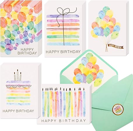 Amazon Happy Birthdayカード 100枚 水彩 金箔 空白 誕生日ノートパック バルクボックス詰め合わせ グリーティングカードセット 封筒 ステッカー付き 挨拶状封筒 文房具 オフィス用品