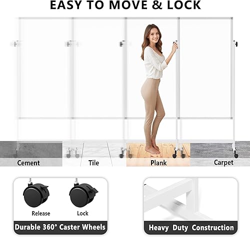 Miniatura 7 de Pizarra blanca rodante sobre ruedas, 48 x 24 pulgadas de altura ajustable con soporte, pizarra blanca magnética móvil grande de doble cara de pie