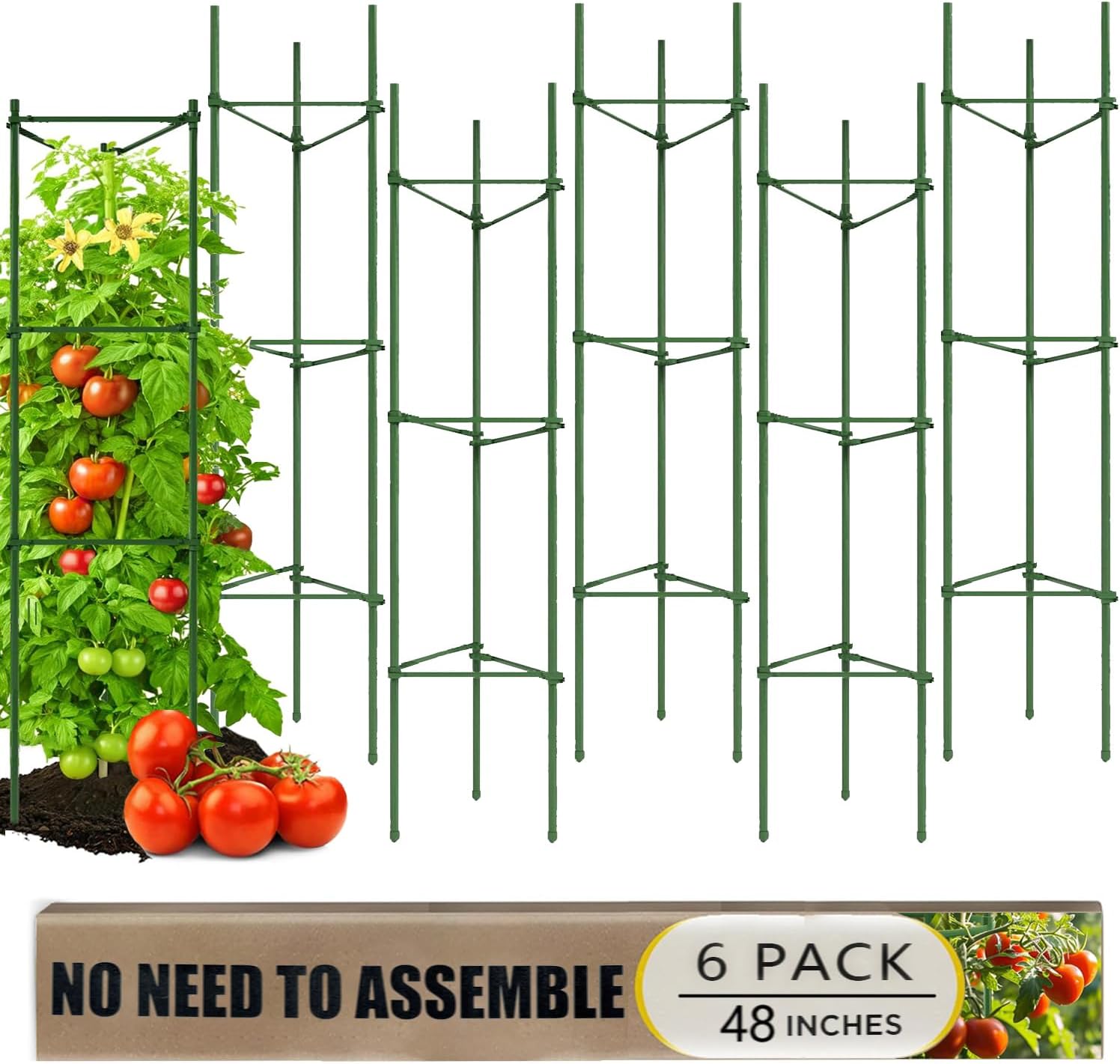 6 Pack Tomato Cage for Garden, 48 Inches Metal Garden Stakes, Plant Support Cages Trellis for Garden and Pots, Tomato Trellis for Potted Plants, Trellis for Climbing Plants Outdoor,Green