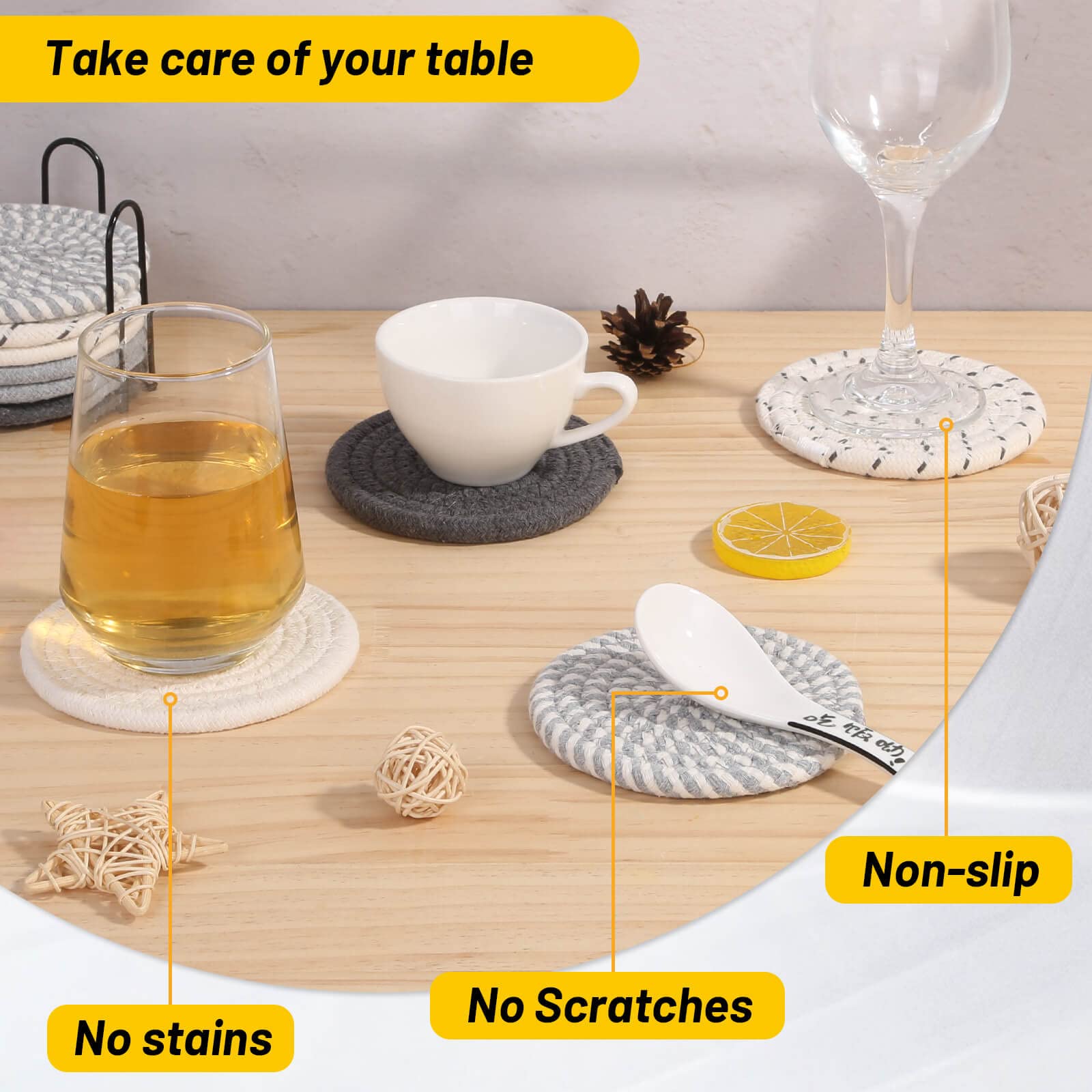 10 posavasos absorbentes de bebidas, posavasos de 5 colores con soporte, juego de posavasos tejidos para mesa de café, decoración de mesa de madera, decoración del hogar, 4.3 pulgadas 5