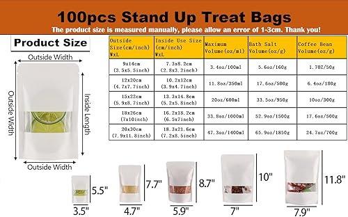 Miniatura 2 de 100 bolsas de papel kraft para golosinas, bolsas con cierre hermético resellables con ventana para almacenar galletas, aperitivos, café, color