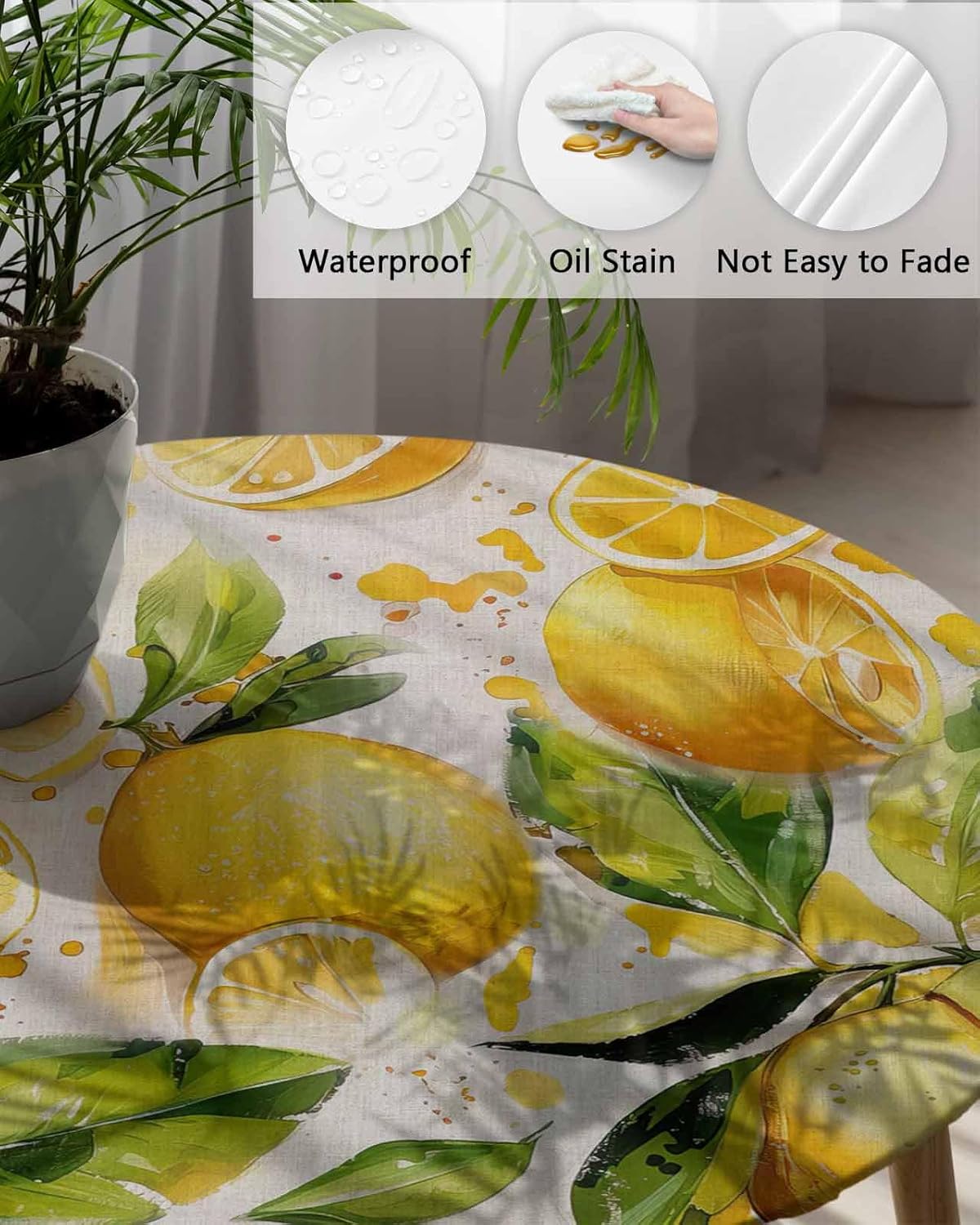 Summer Yellow Lemon Kitchen Fitted Tablecloth for Round Table,Watercolor Yellow Fruit Table Cover with Elastic Edge Waterproof Table Cloth,Retro Linen Circle Table Covers for Outdoor Picnic 36-44in