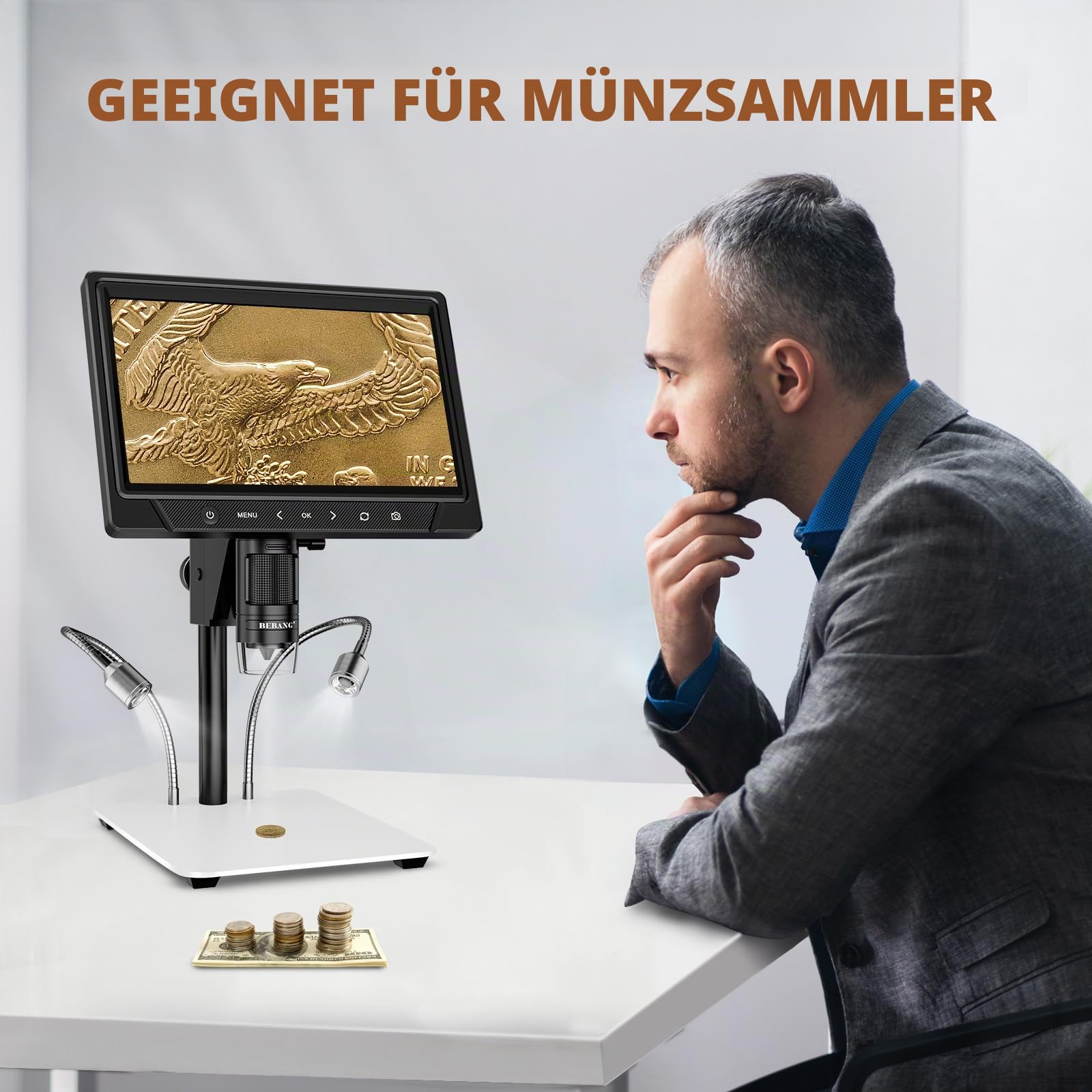BEBANG 10.1" LCD Digitales Mikroskop 1200x für Erwachsene,3024P Münz Mikroskop Lupe,12MP Lötmikroskop mit PC Ansicht, Kompatibel mit MacOS Windows,32GB SD Karte (Weiß)