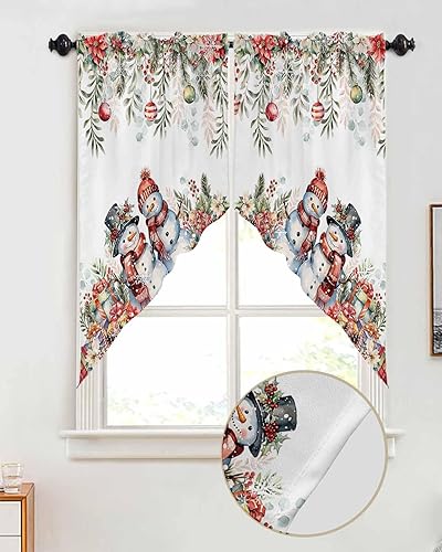 Miniatura 2 de Cenefa de cortina de hojas de eucalipto rojas de Navidad para ventana, cortinas de estilo granja, bonita cenefa de muñeco de nieve para cocina,