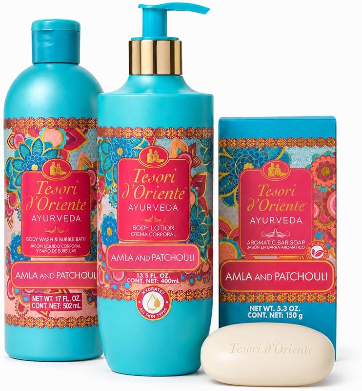 Tesori d'Oriente Ayurveda Conjunto com gel de banho 2 em 1, loção corporal e sabonete em barra, 3 unidades