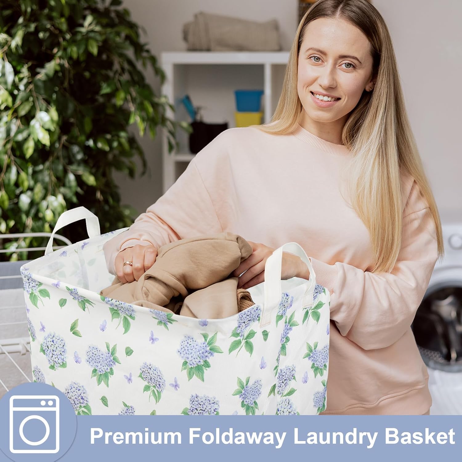 FYSUIMU Blue Hydrangea Storage Basket Flowers Hydrangea Collapsible Storage Bin Waterproof Floral Canvas Laundry Box with Handle Nursery Toy Gifts Baskets for Home Clothes Bedroom Office