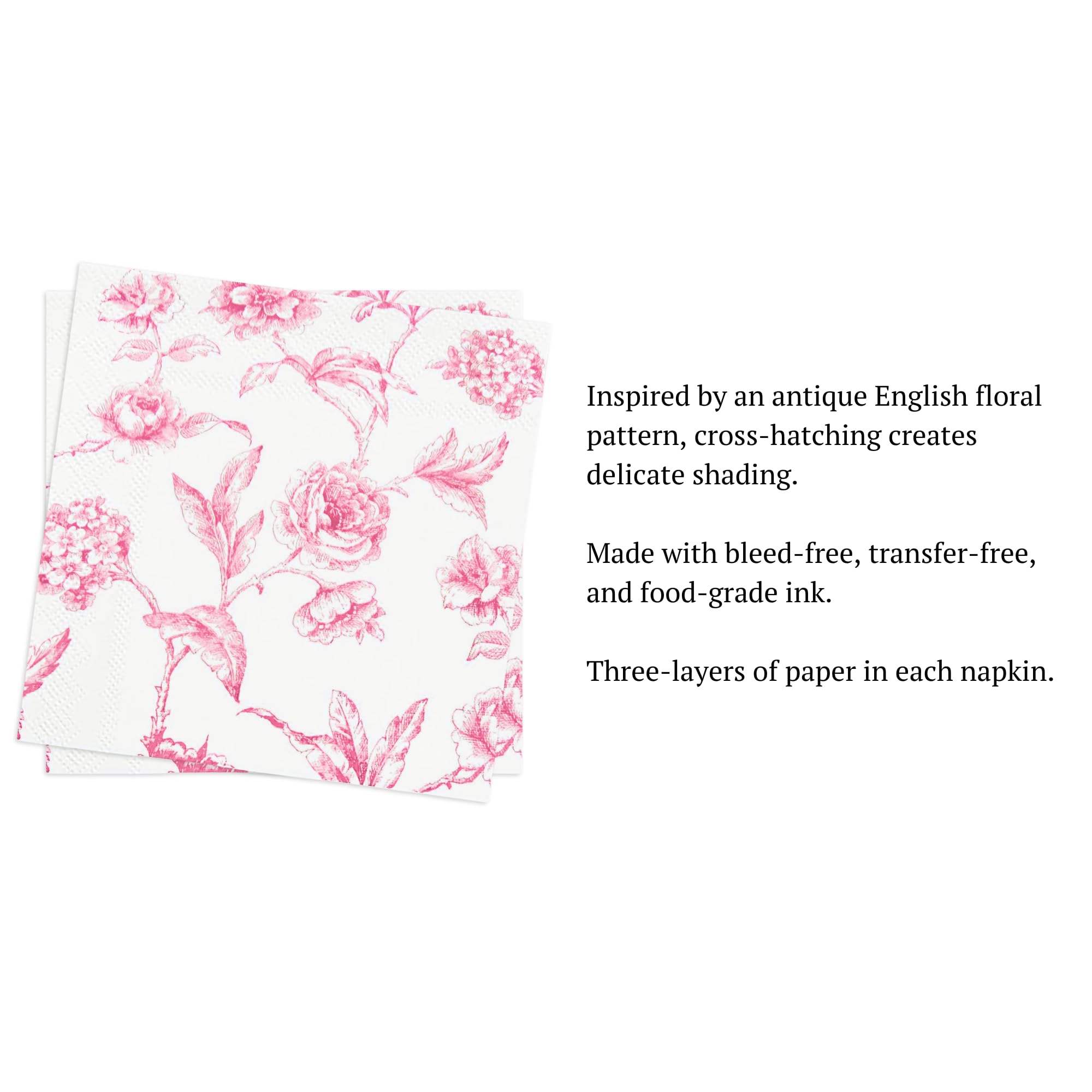 Stxy's 3-PLY Pink Floral Napkins (60ct) (Smudge Free & Food Grade Ink) Toile Pink and White Floral Cocktail Napkins Flower Cocktail Napkin for girls baby shower, Decoupage, girly birthday party decor