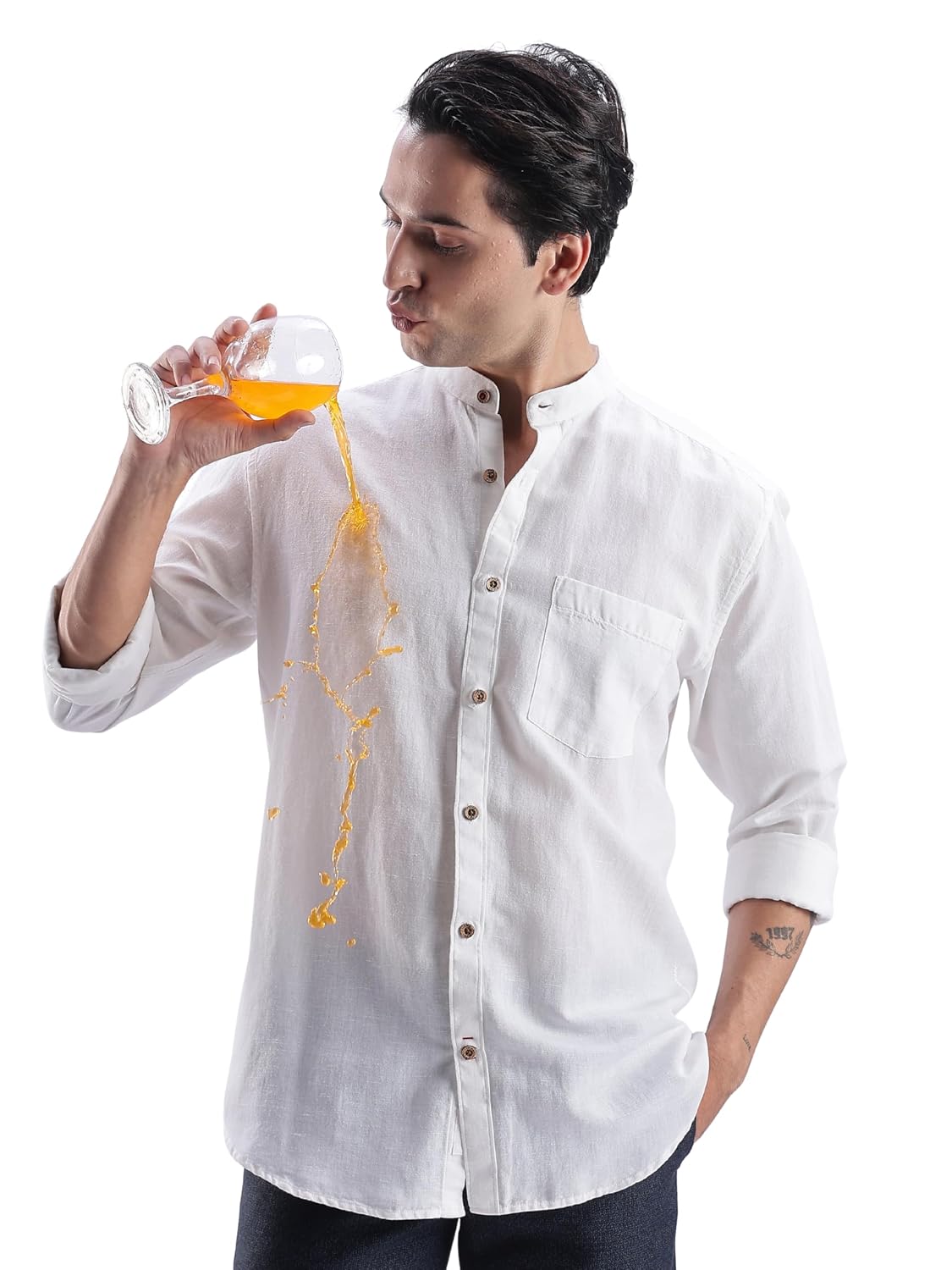 TURMS Men's Casual Solid Linen Shirt | Water Repellent | Anti Stain Anti Odor | Kansas Linen | Mandarin Collar | Full Sleeves - Review, Price and Buying Guide