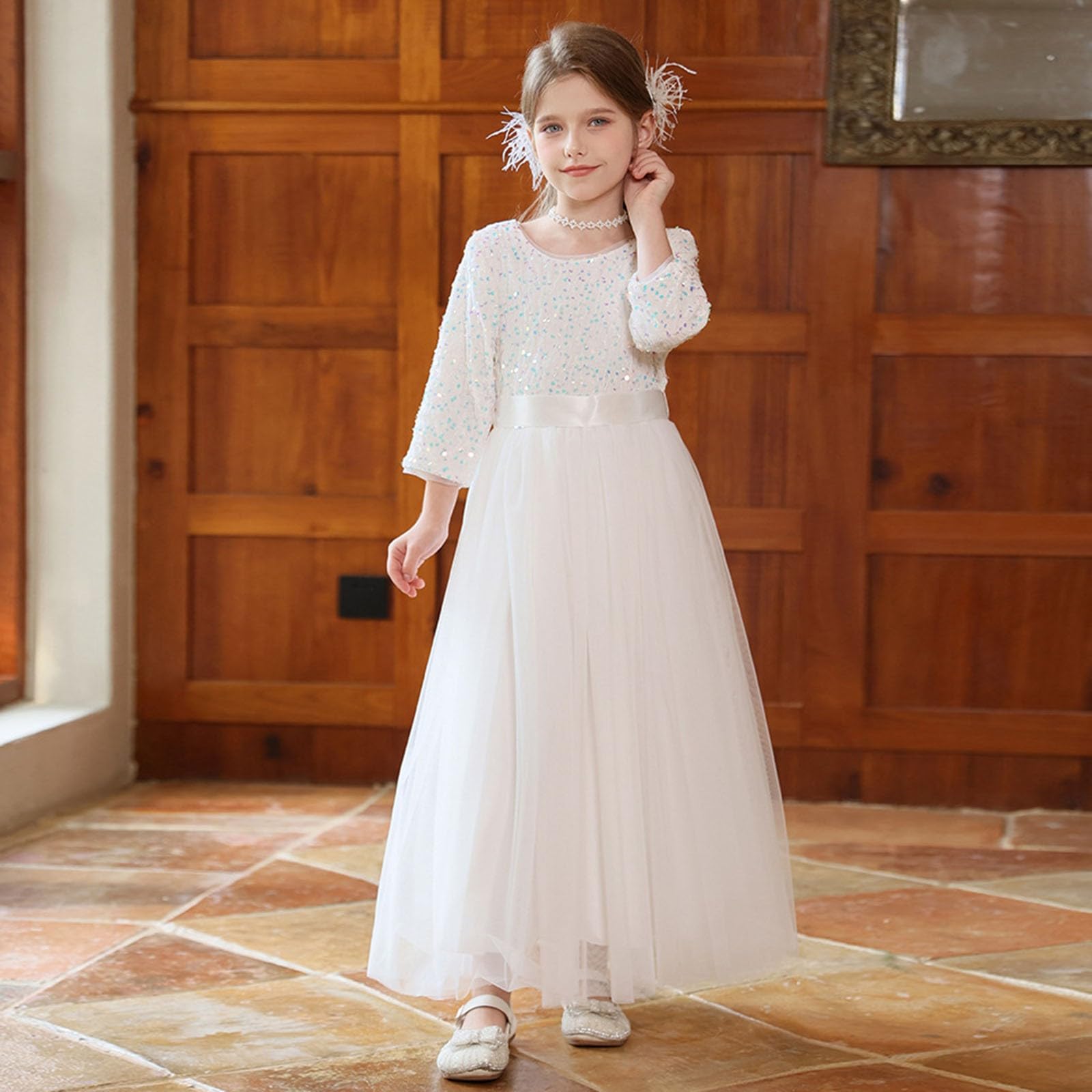 Vestido de Lentejuelas de Manga Larga para niñas con Capa superpuesta, Ideal para Fiestas y Eventos Especiales, diseño Elegante y Brillante, Tallas 7-12 años
