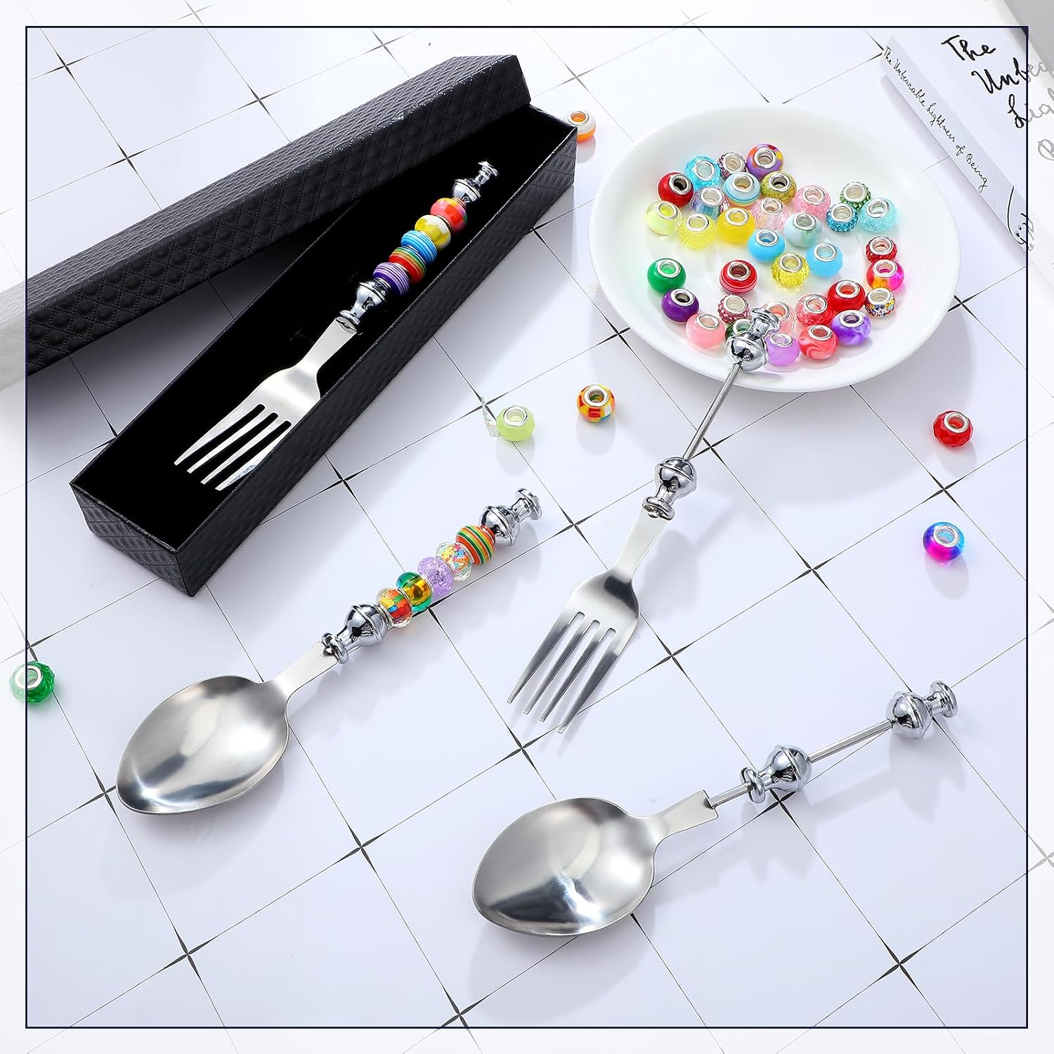 Lasnten 6 Pcs Beadable Spoon Set with 50 Assorted Large Hole Beads DIY Decorative Stainless Steel Spoons Beadable Items for Charcuterie Board Wedding Party Favors Bead Project