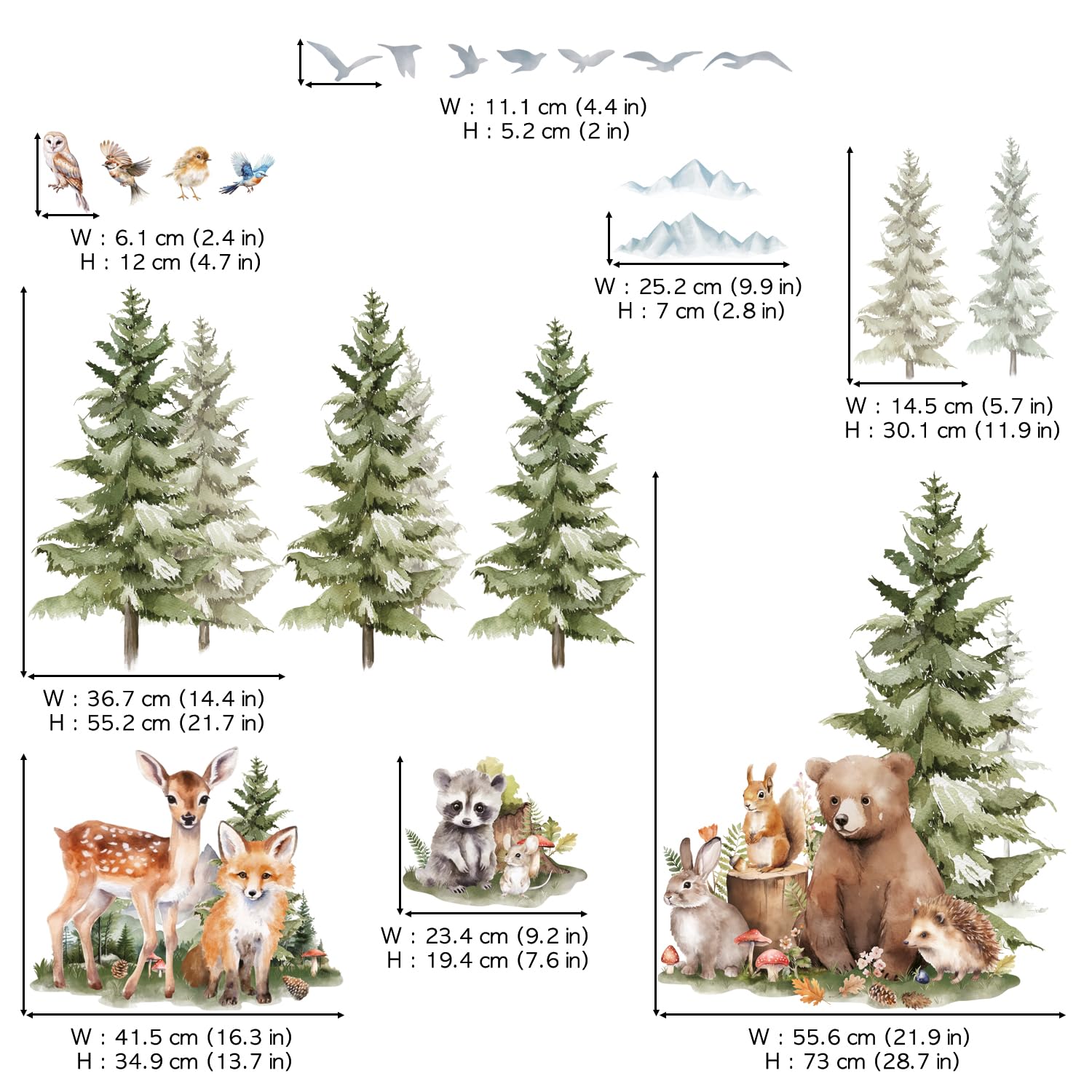DECOWALL SG4-2422 Wandtattoos mit Kiefern und Waldtieren Berg Wald Wald Tier Hirsch Fuchs Wand Aufkleber Kinder gemütliche Zimmer Kinderzimmer Schlafzimmer Spielzimmer Dekor