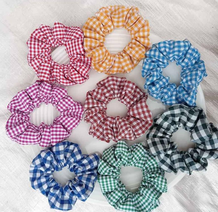 Large Gingham Hair Scrunchies Set 3 pcs Elastic Soft Durable Style Large Green Gingham Scrunchie with Broderie Trim – That  main image 3