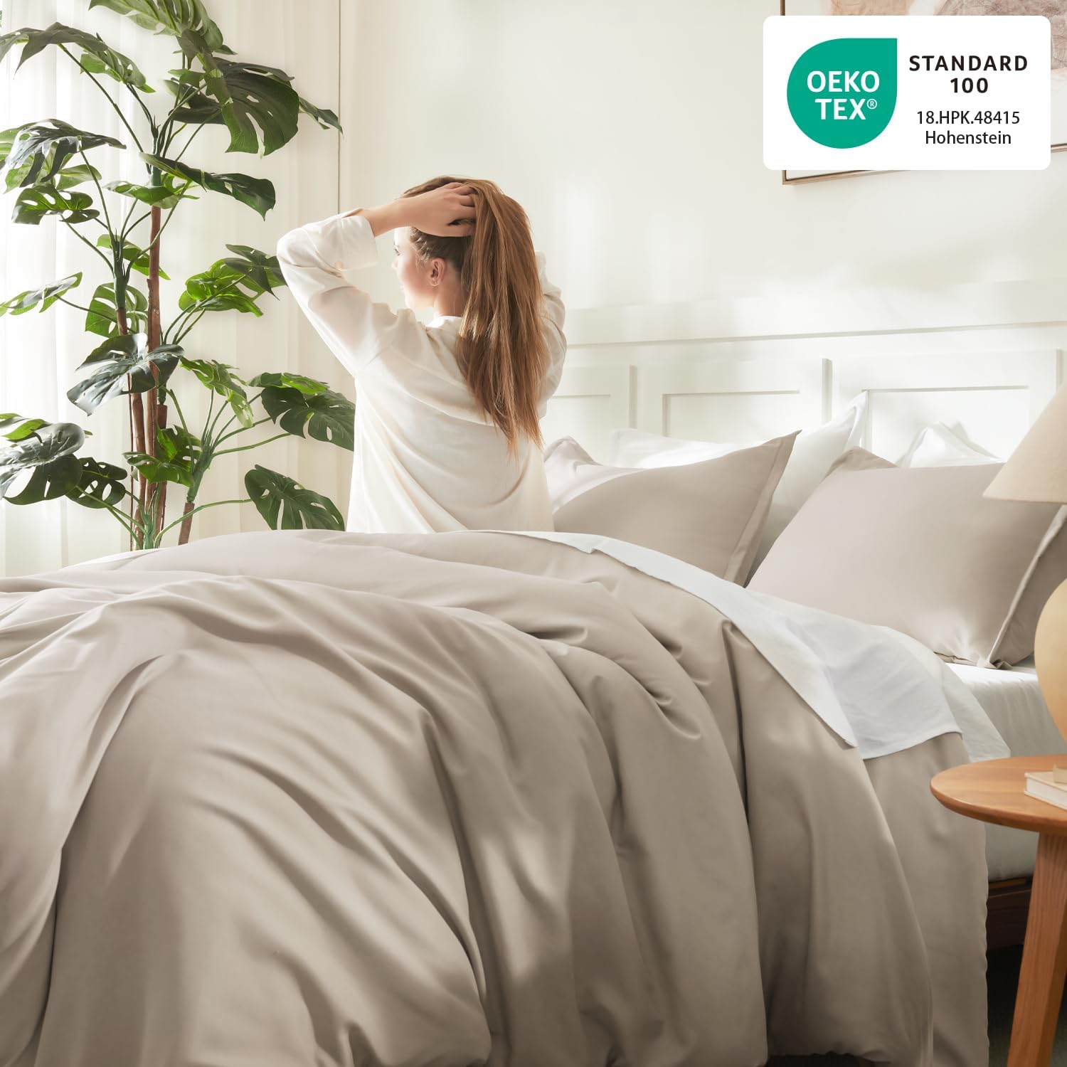 Litanika Oatmeal Comforter Queen Size, 3 Pieces Lightweight Solid Bedding Comforter Set, All Season Fluffy Bed Set (90x90In Comforter & 2 Pillowcases) - Image 4