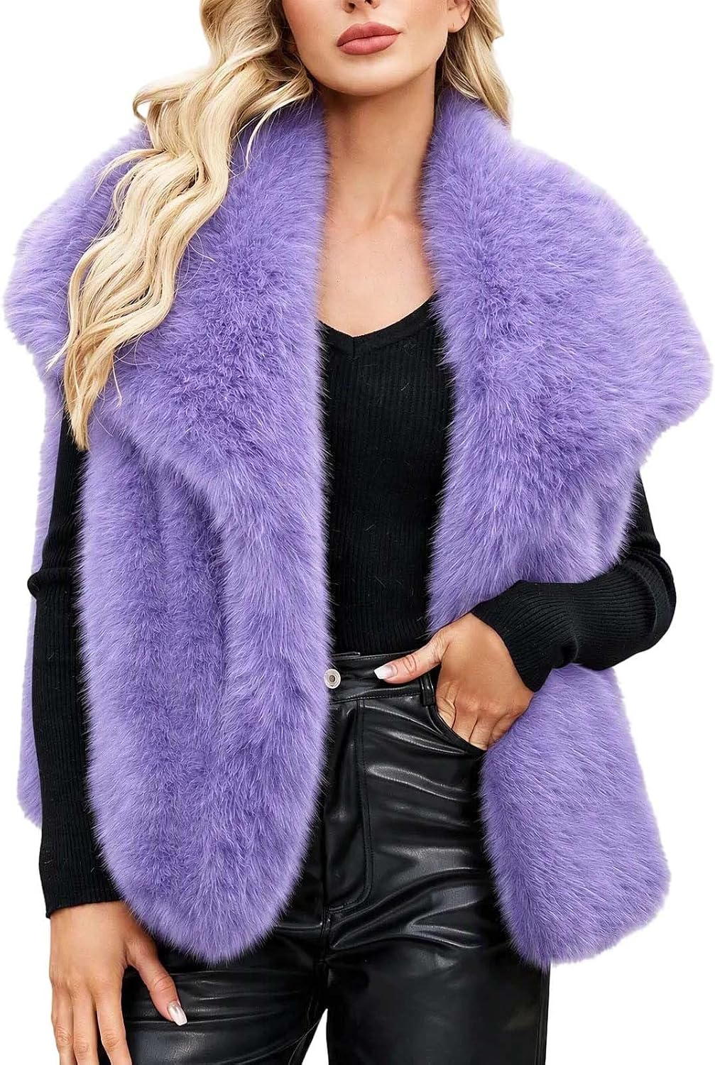 Women's Faux Fur Vest Large Shawl Collar Elegant Open Front Gilet