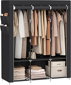 SONGMICS Fabric Wardrobe 45 x 130 x 167 cm 3 Hanging Compartments with Shelves 4 Side Pockets Large Space for Bedroom Living Room Black RYG092B02