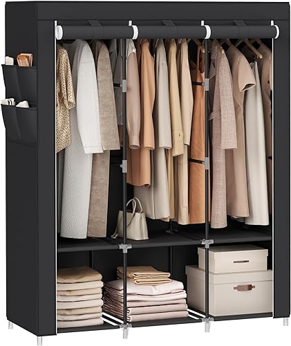 Miniatura 11 de SONGMICS Armario portátil, organizador de armario con tapa, 4 varillas para colgar y estantes, 4 bolsillos laterales, 66.9 x 17.7 x 65.7 pulgadas,