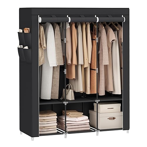 SONGMICS Portable Closet, Wardrobe Closet Organizer with Cover, 3 Hanging Rods and Shelves, 4 Side Pockets, 51.2 x 17.7 x 65.7 Inches, Large Capacity for Bedroom, Living Room, Ink Black URYG092B02 - 3 Tiers (51.2"W) - Ink Black