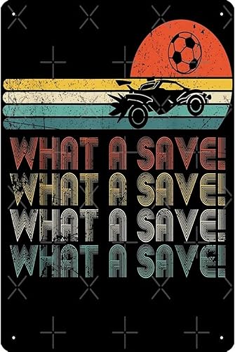 Vintage Retro Rocket Soccer Car League Metal Tin Sign Fun Home Wall Art Decor "What a Save!" Design with Racing Car & Soccer Ball for Sports Fans &