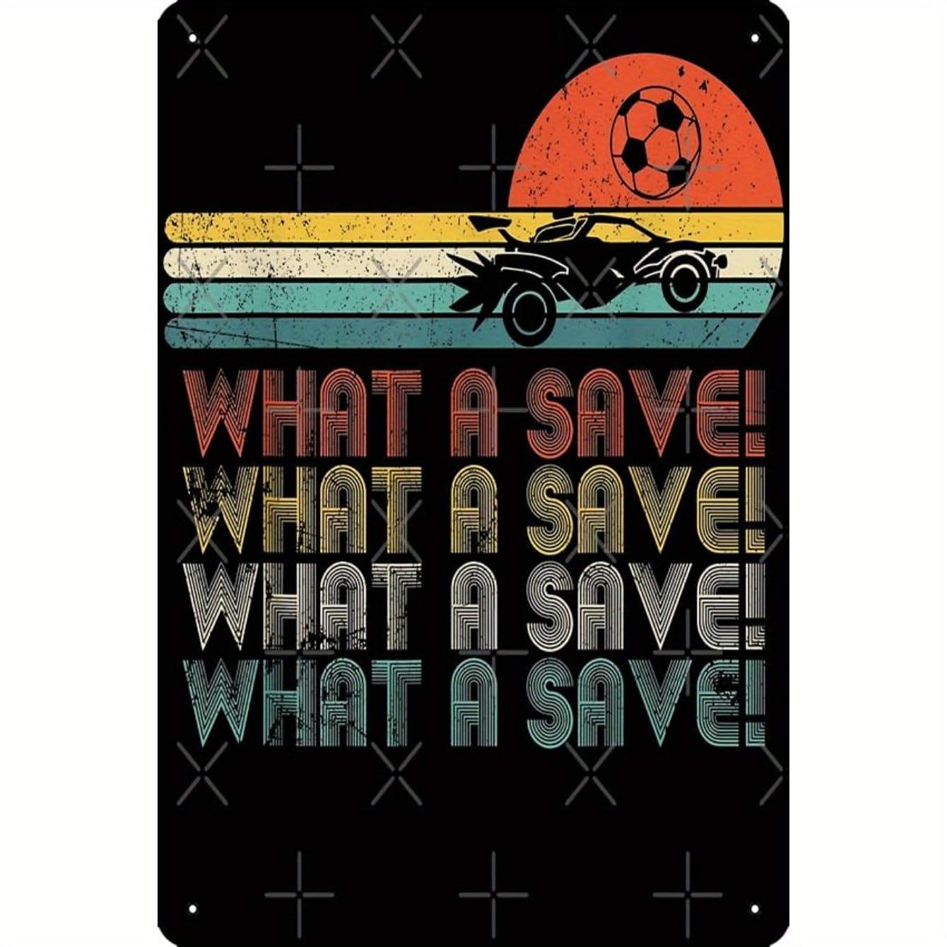 Vintage Retro Rocket Soccer Car League Metal Tin Sign Fun Home Wall Art Decor "What a Save!" Design with Racing Car & Soccer Ball for Sports Fans & Retro Enthusiasts Decoration 8x12 inch
