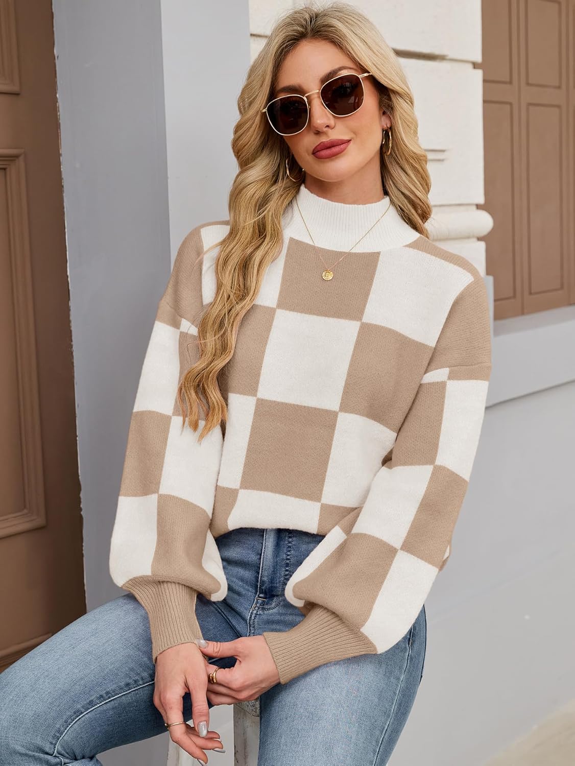 Womens Oversized Cute Checkered Sweater Fall 2025 Trendy Preppy Chunky Knit Mock Neck Long Sleeve Pullover Sweaters - Image 6