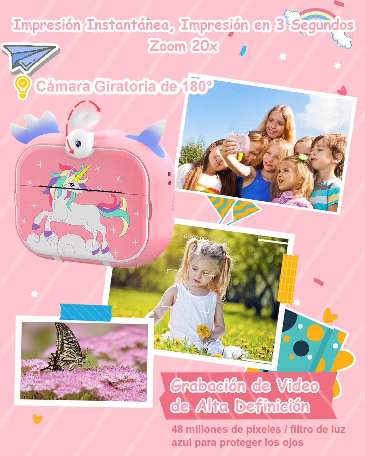 Robofun Appareil Photo Enfant Instantané, 2.4" 1080P HD Appareil Photo Instantané Numérique avec 5 Rouleaux de Papier à Imprimer, 48MP/180° Double Objectif, Cadeau pour Filles Garçons 3-12 Ans(Rose)