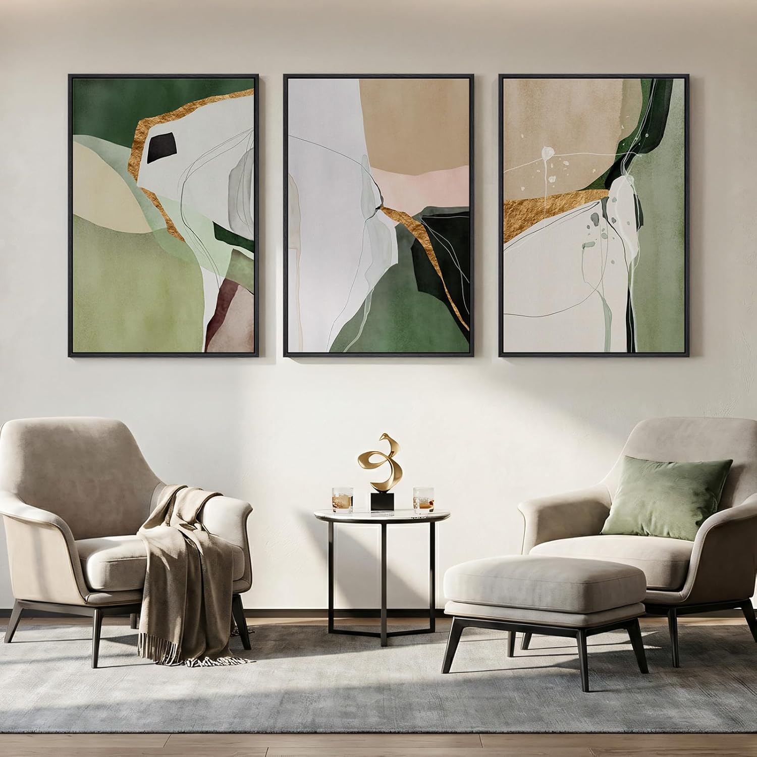 large framed green and beige abstract wall art for living room, 3 piece modern canvas prints paintings, abstract color block pictures for living room dining bedroom hallway office wall decor 24x36 in 24" w x 36" h x 3pcs dark green