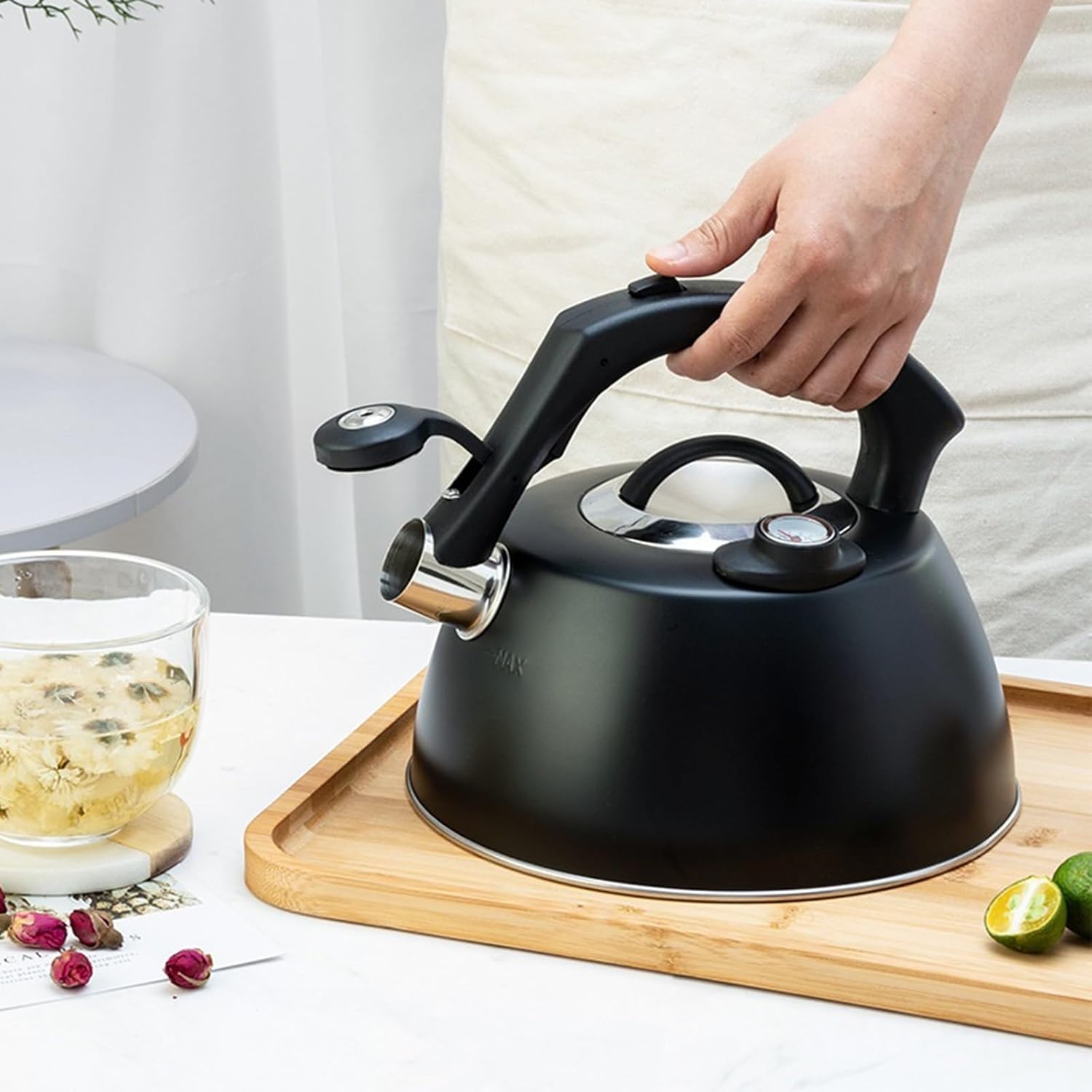 Tea Kettle Stovetop Whistling with Thermometer, 2.6 Quart Teapot for Stove Top, 304 Stainless Steel Tea Pot with Cool Grip Ergonomic Handle for Tea, Coffee, Milk