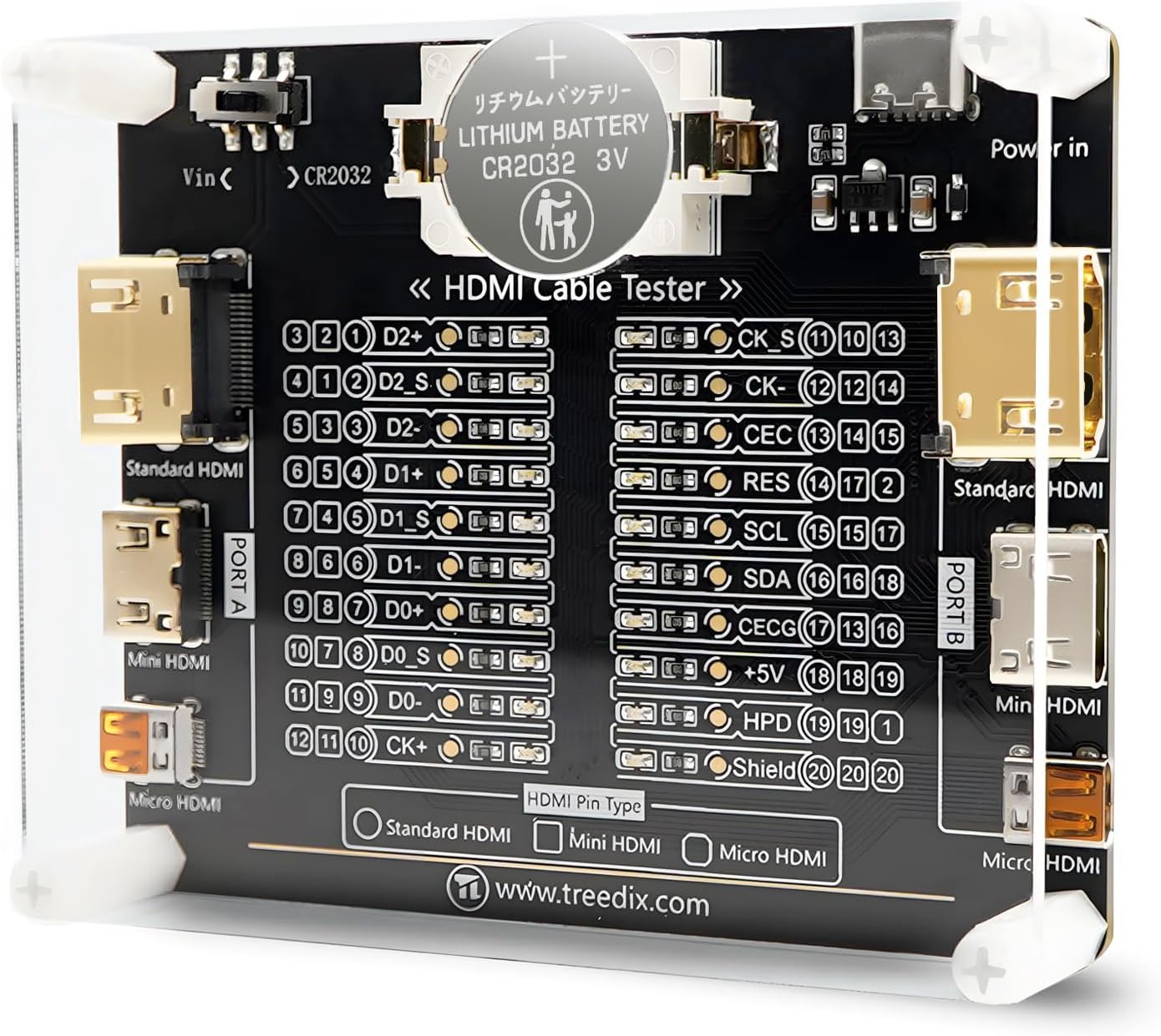 Cable Tester Board for HDMI Cable Tester Checker 20 LED Light Status Indictor to Check Disorder Short Open and Cross Connection for Standard HDMI Type A, Mini HDMI Type C, Micro HDMI Type D