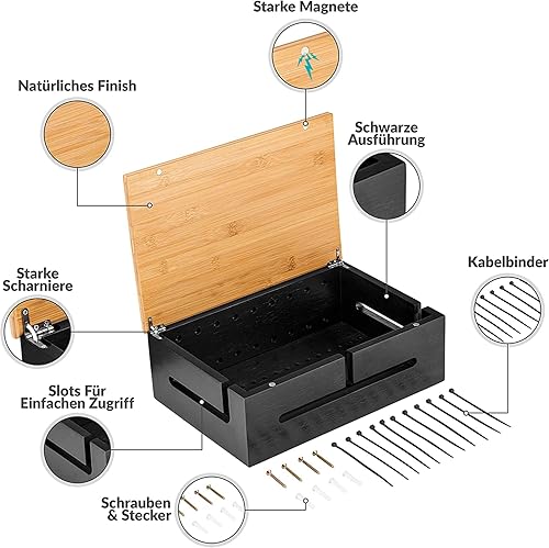 Miniatura 3 de Caja organizadora de cables con tapa magnética de bambú y bridas para cables, elegante y duradera caja organizadora de cables para ocultar cables y