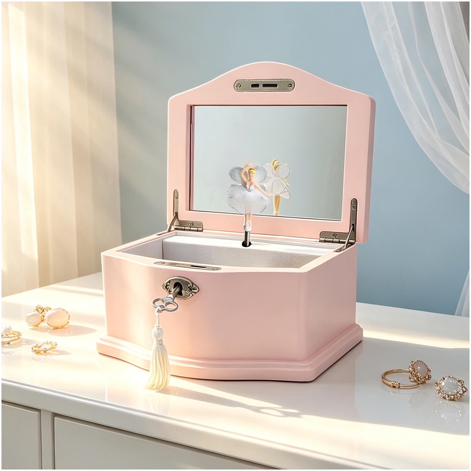 Boîte à bijoux musicale en bois rose avec ballerine