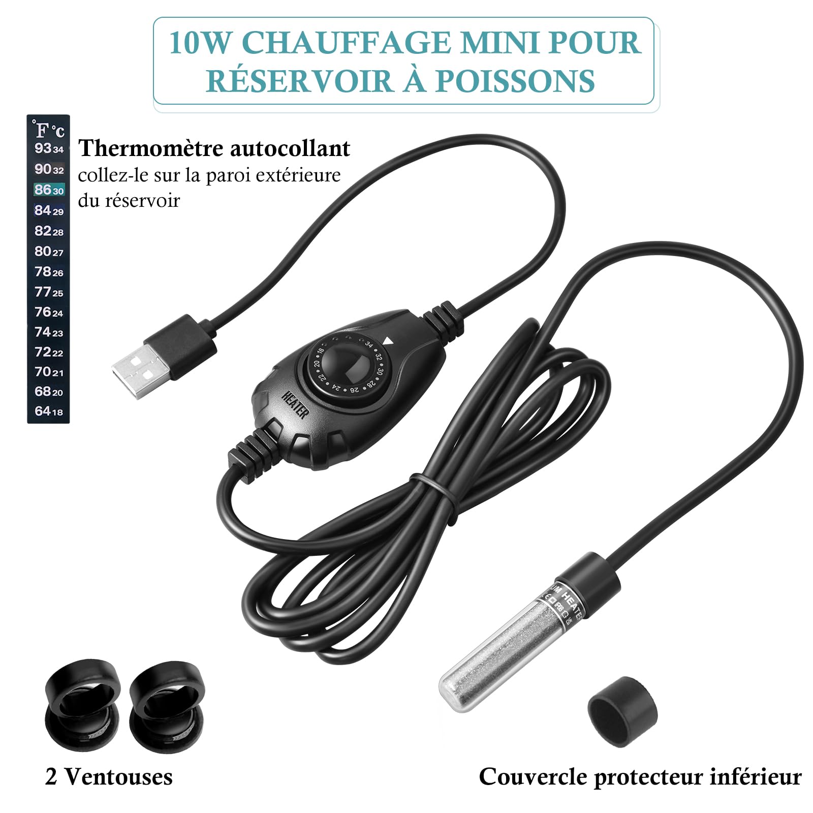 10W Chauffage Aquarium USB Ultra Mini, Chauffage Réglable Compact pour Petits Aquariums 1-10L, avec Régulateur Externe, Chauffage pour Betta et Ronds à Poissons