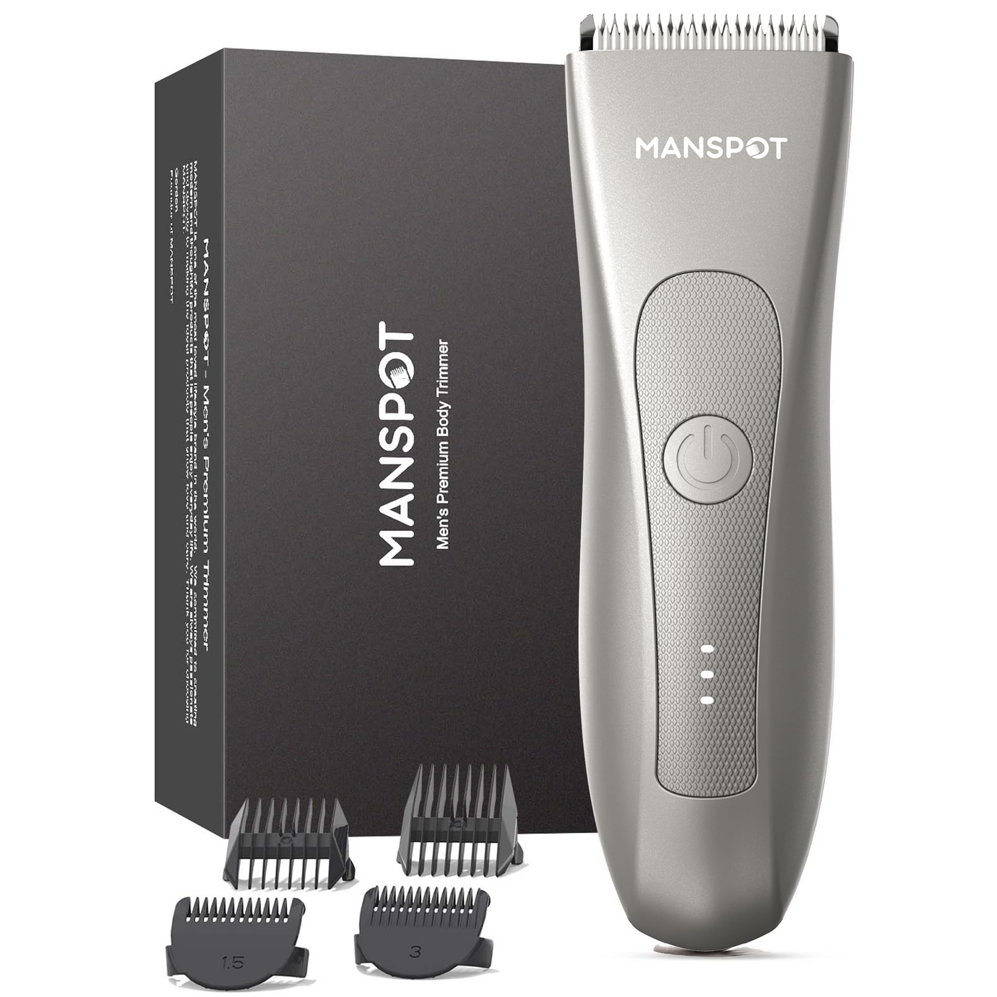 MANSPOT Male Body Shaver, Male Body Epilator with Ceramic Blade, IPX7 Waterproof Wet & Dry, Intimate Area Trimmer, Body, Armpits and Beard, 4 Guide Combs Global Recycled Standard Global Recycled Standard Global Recycled Standard