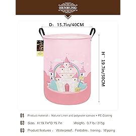 HUNRUNG Laundry Hamper,Large Canvas Fabric Lightweight Storage Basket Toy Organizer Dirty Clothes Collapsible Waterproof for College Dorms(Pink Castle)