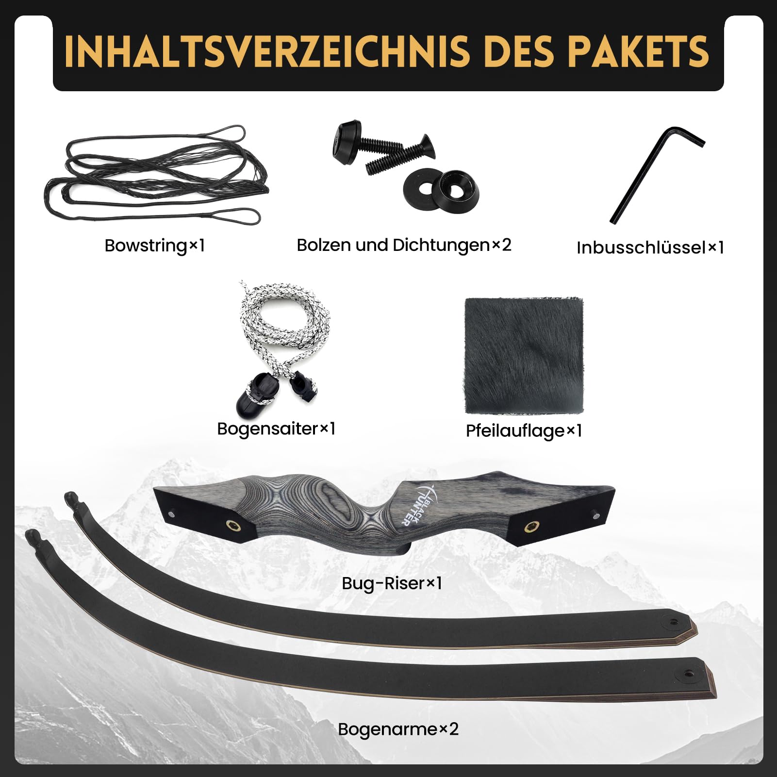 Obert Black Hunter 60 Zoll Profi Bogenschießen Takedown Recurvebogen Set 20-60lbs Rechtshand Holzbogengriff Jagdbogen für Erwachsene Sportbogen