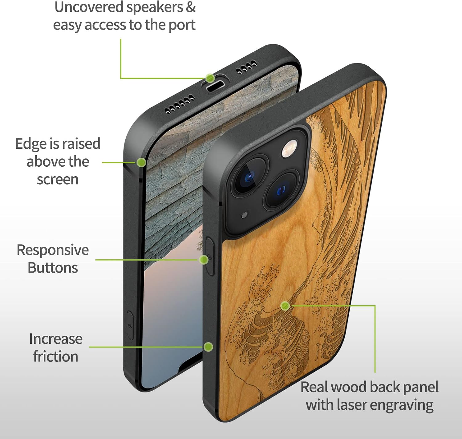 Carveit Magnetic Wood Case for iPhone 13 Case [Natural Wood & Soft TPU] Unique & Classy Wooden Shockproof Protective Cover Compatible with MagSafe (The Great Wave Off Kanagawa -Cherry)