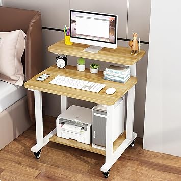3-Tier Rolling Desk, Modern Computer Desk with Monitor Stand, Small PC Laptop Table, White, 60cm/24" L x 46cm/18"W x 83.5cm/32.9in H, Office, Gaming