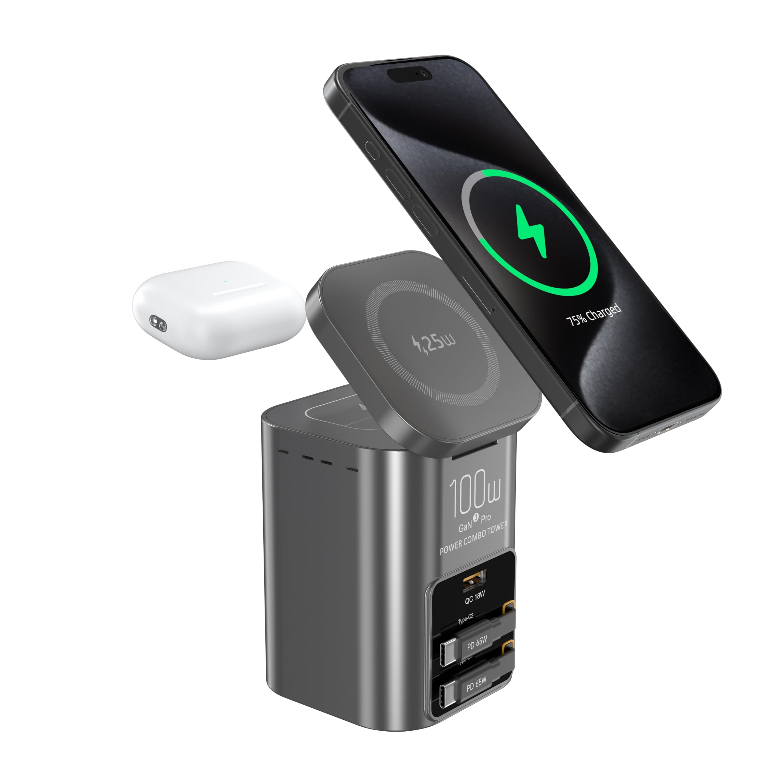 Stazione di ricarica da tavolo multifunzione da 100 W, caricabatterie wireless con doppio cavo USB-C retrattile da 75 cm, USB-A QC3.0, ricarica rapida per laptop, telefoni, auricolari