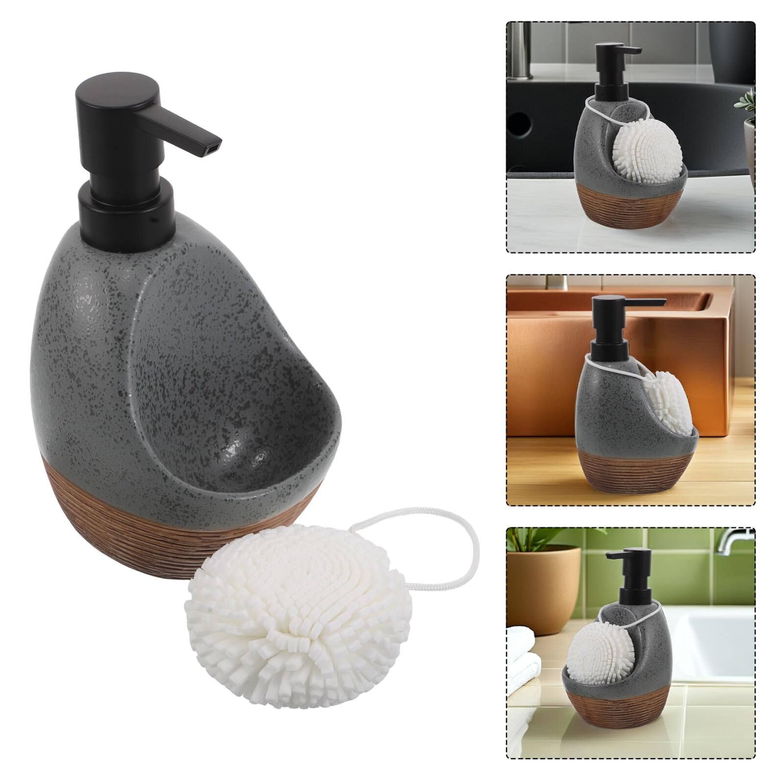 Dispensador de Jabón Líquido de Cerámica Gris, Bomba Dosificadora Antigoteo Recargable, Botella para Baño y Cocina con Organizador de Encimera para Gel Ducha y Champú